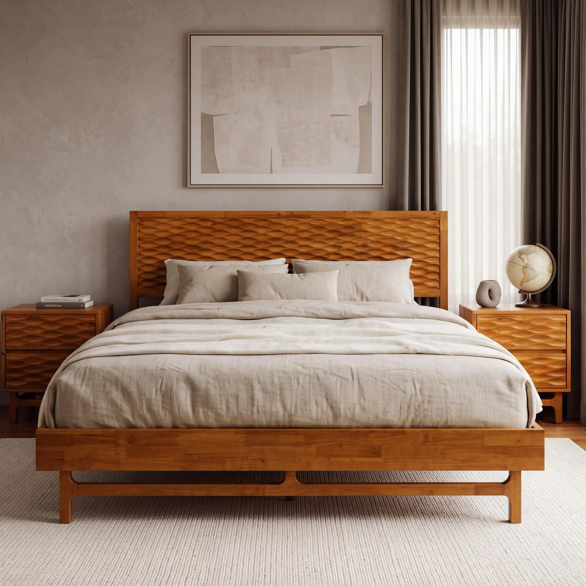 acacia elara wood bed frame with cnc-carved headboard, main product view