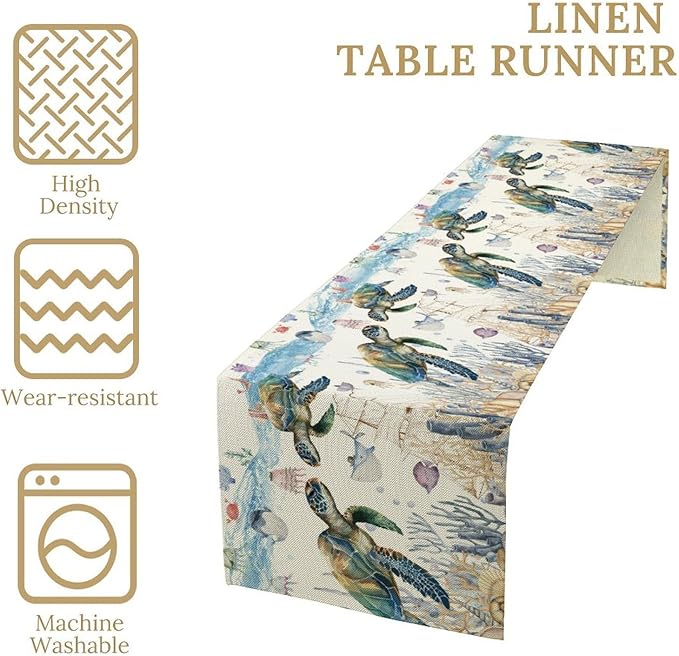Watercolor Sea Turtle Table Runner Teal Blue Ocean Funmy Animal Octopus - Image 5