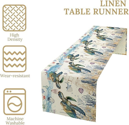 Watercolor Sea Turtle Table Runner Teal Blue Ocean Funmy Animal Octopus - Image 5