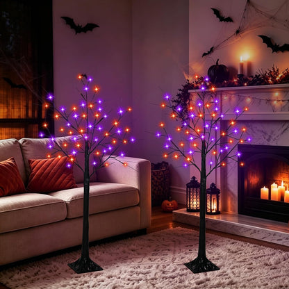 2 Pack 4 FT Lighted Black Halloween Tree Lights with 100 LED Orange Purple
