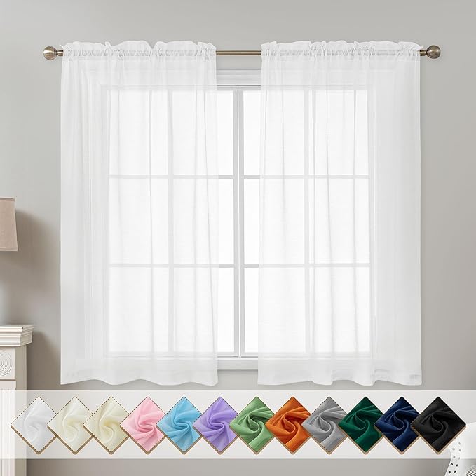 White Sheer Curtains 54 Inch Length, Privacy Semi Sheer Curtains by ABLUEN