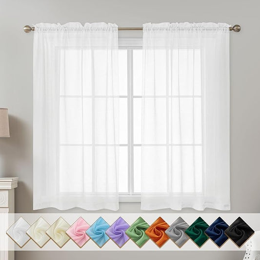 White Sheer Curtains 54 Inch Length, Privacy Semi Sheer Curtains by ABLUEN