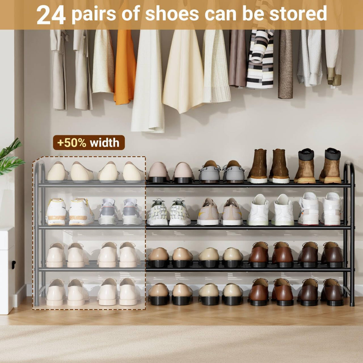 keetdy 3-tier long shoe rack for closet metal shown in use