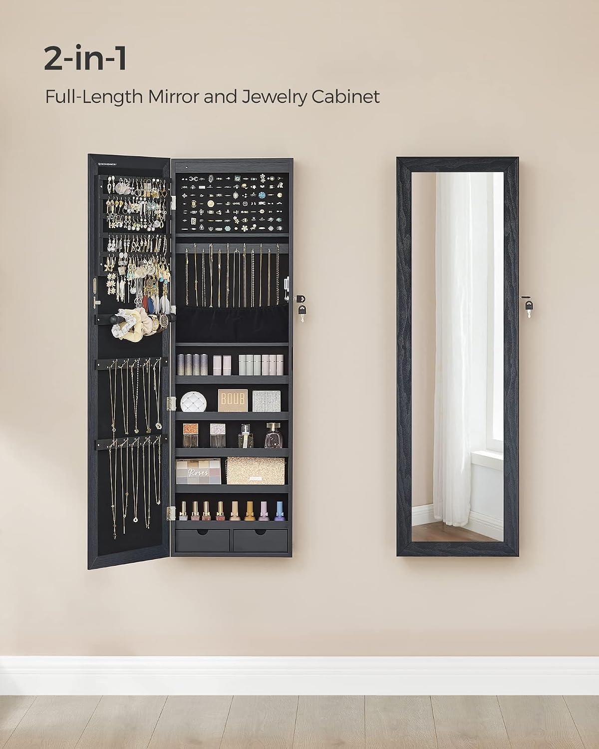 songmics 6 leds mirror jewelry cabinet, 47.2-inch tall, close-up detail