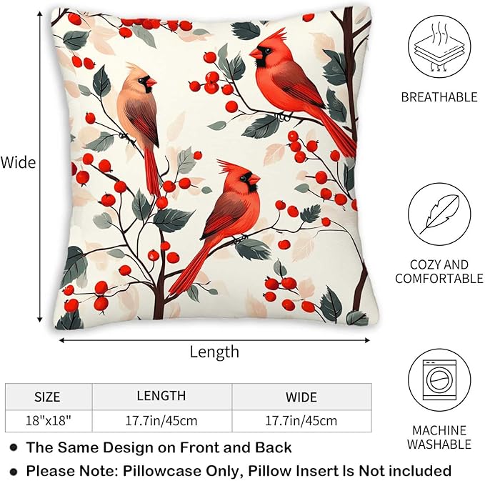 Red Cardinal Bird Throw Pillow Covers 18x18 Set of 2, Home Decorative Cushion - Image 5