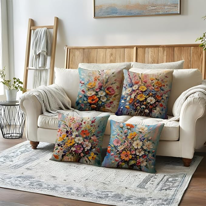 ULOVE LOVE YOURSELF Decorative Throw Pillow Case Oil Painting Floral Cushion - Image 7