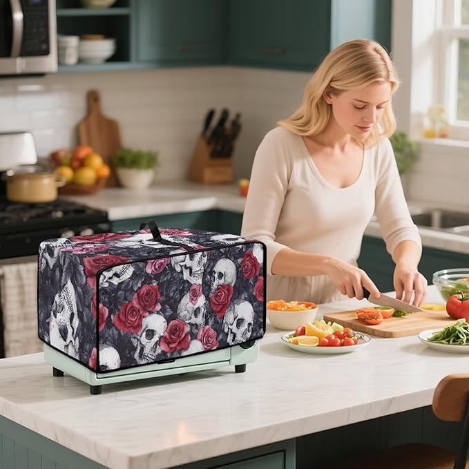 Skull Red Rose Print Microwave Oven Dust Cover Toaster Oven Cover - Image 4