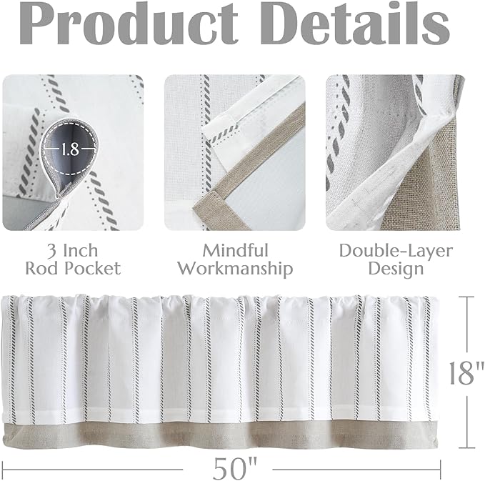 jinchan Nautical Valance Striped Linen Curtain 18 Inch Gray Farmhouse Room - Image 8