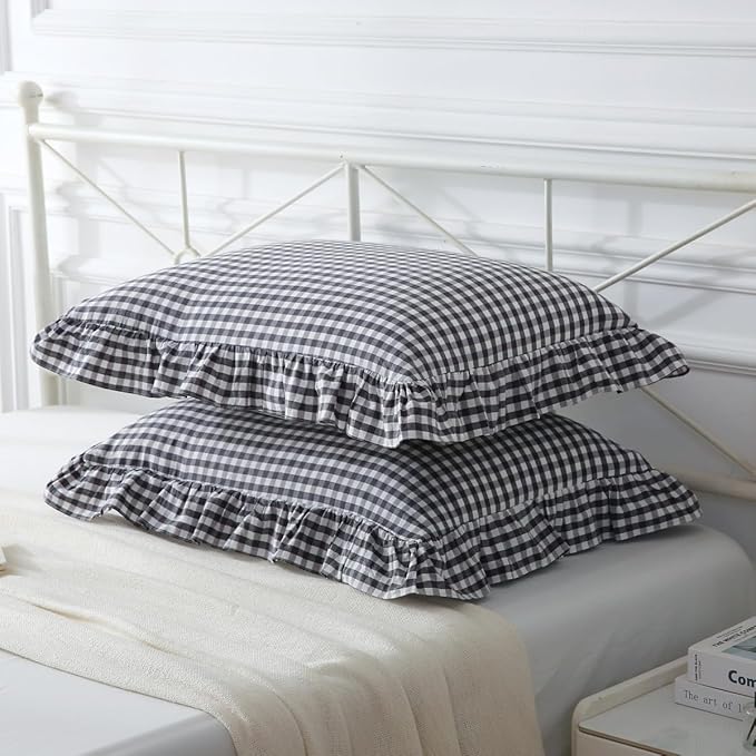 Black/White Plaid Ruffle Pillow Shams King Size Set of 2, Checkered Washed - Image 3