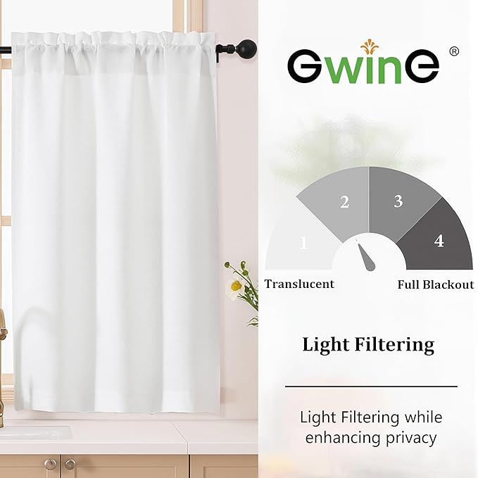 Gwine White Short Curtains 24 Inch Length 2 Panels, Light Filtering Textured - Image 2