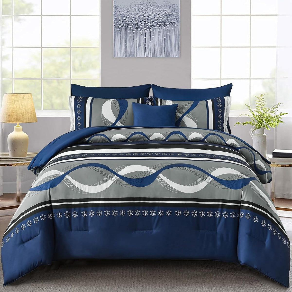 anibedding king size comforter set,navy blue boho bed, main product view