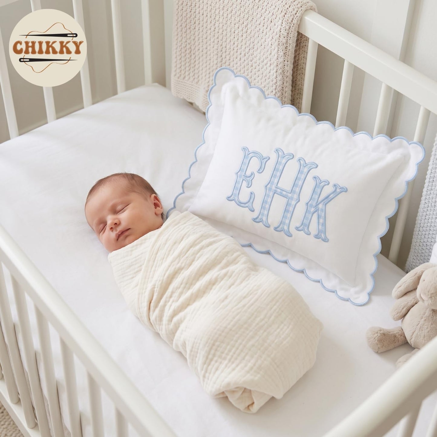 Personalized Baby Pillowcase - Custom Monogrammed Toddler Pillow Cover with Scalloped Edge for Nursery Decor, 05
