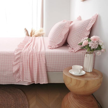 2 Pack Blush White Plaid Ruffle Gingham King Size Pillow Shams, 100% Washed - Image 7