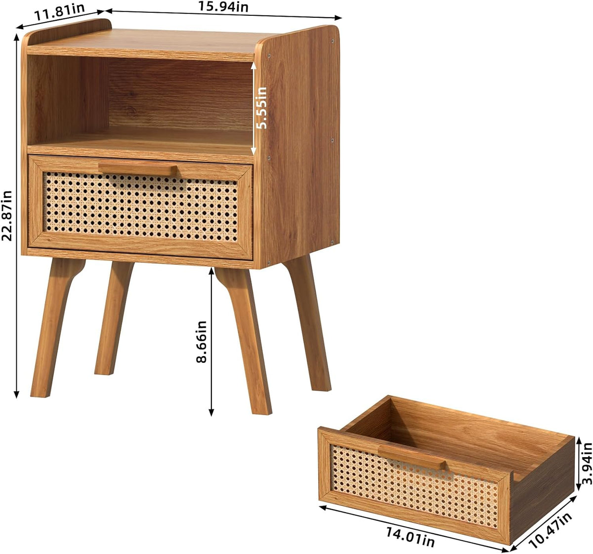 lerliuo rattan nightstand, side table with drawer open, close-up detail