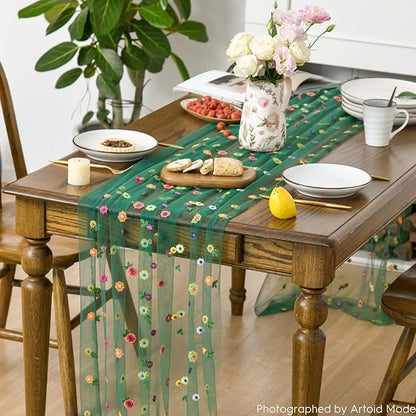 Artoid Mode Dark Green Embroidery Daisy Gauze Table Runner 120 Inch 10FT - Image 4