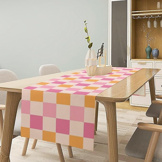 Pink Checkered Table Runner, Vintage 70s Abstract Cute Modern Hippie Table - Image 3