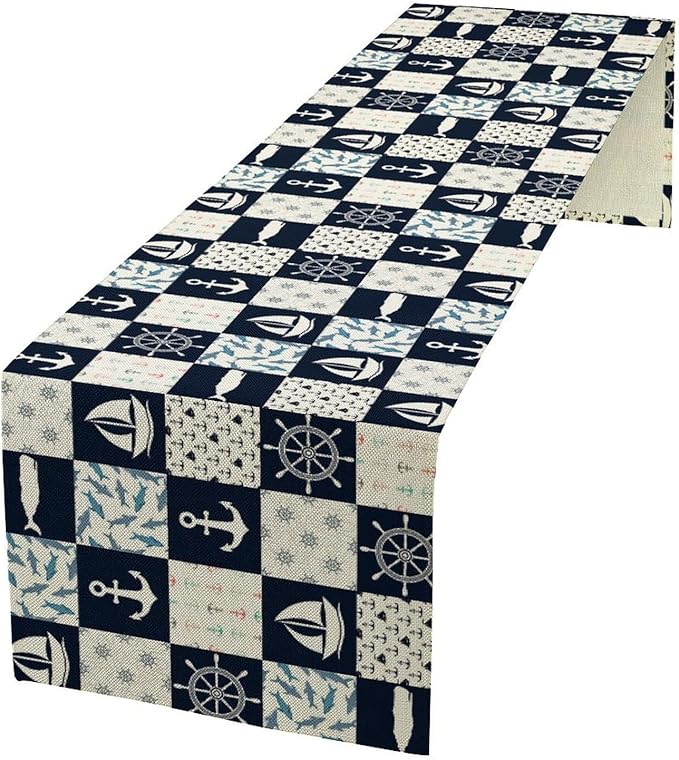 Navigation Patchwork Table Runner, Nautical Anchor Sailboat Rudder Graffiti by Unknown