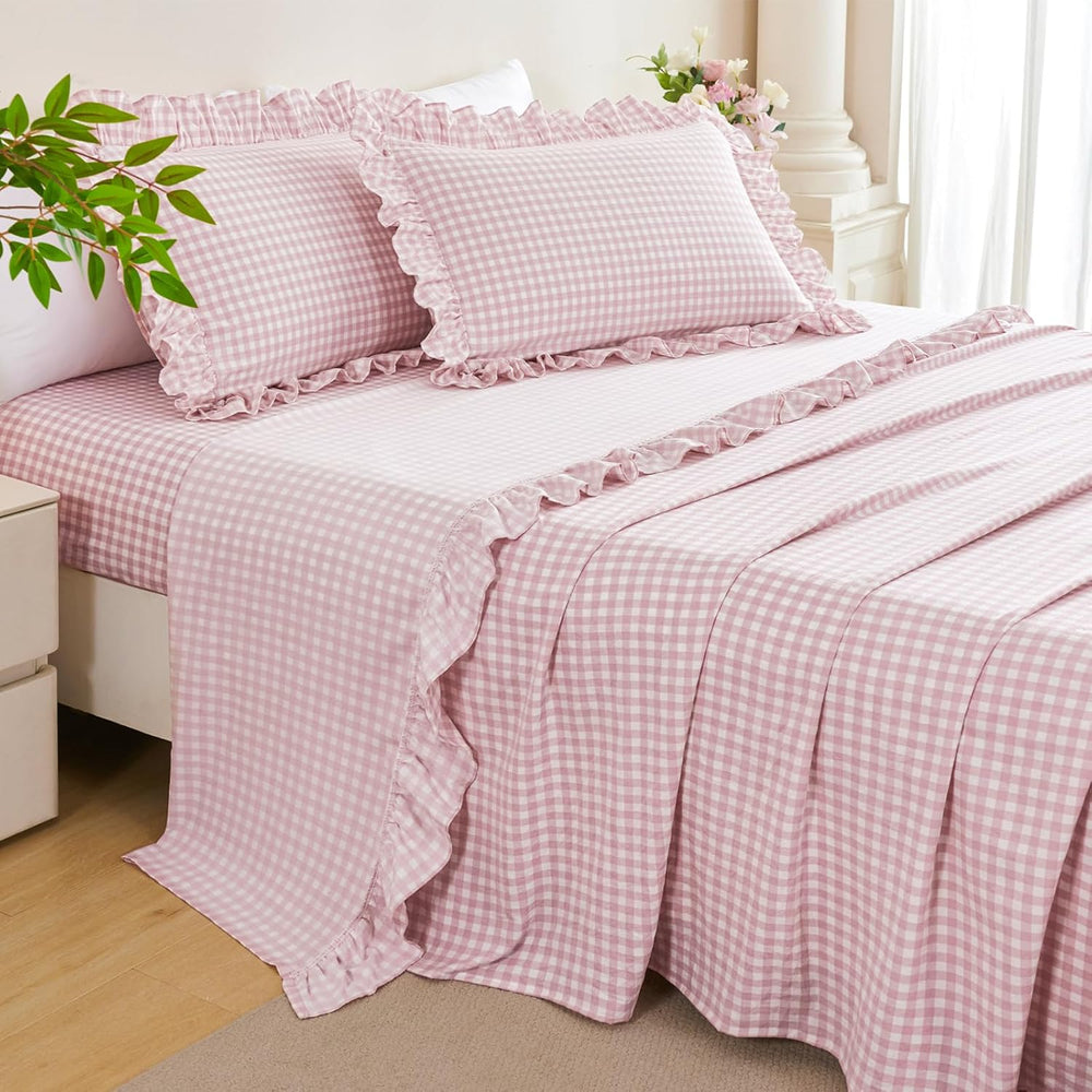 King Gingham Ruffled Sheet Set with 16" Deep Pockets 4 Pieces