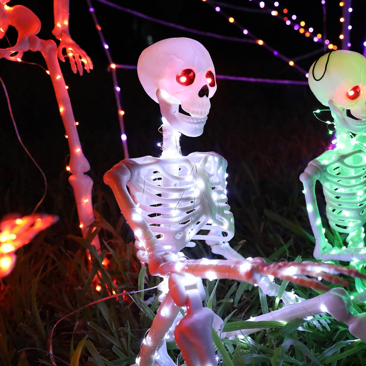 Halloween Decorations Outdoor Skeletons Set - 2 Pack 36" (90cm) Light Up Skeleton with LED Lights & 2 Red Eyes, Poseable Full Body, Indoor Halloween Decor for Yard, Porch (White)