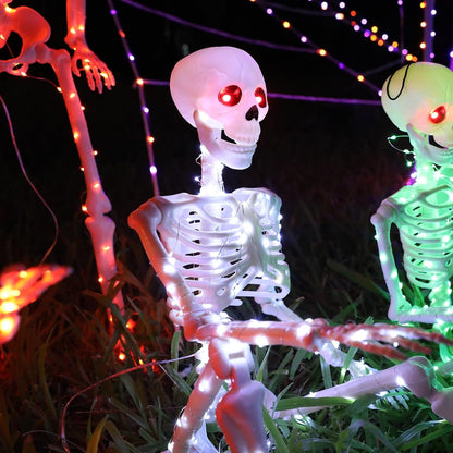 Halloween Decorations Outdoor Skeletons Set - 2 Pack 36" (90cm) Light Up Skeleton with LED Lights & 2 Red Eyes, Poseable Full Body, Indoor Halloween Decor for Yard, Porch (White)