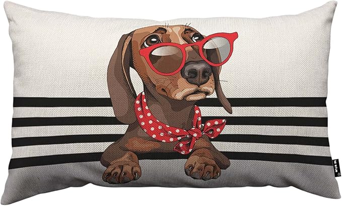 TKS MITLAN Brown Dachshund Dog Pillow Covers 12 x 20 Inch Red Sunglasses and by TKS+MITLAN