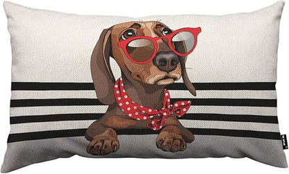 TKS MITLAN Brown Dachshund Dog Pillow Covers 12 x 20 Inch Red Sunglasses and by TKS+MITLAN
