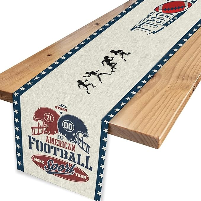Rugby Table Runner, Retro Blue Seasonal Rugby Boy Football Game Day Touch Down - Image 4