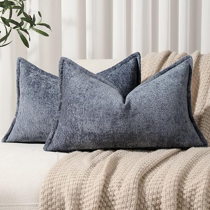 Pack of 2 Navy Decorative Throw Pillow Covers 12x20 Cozy Soft Chenille Accent by DEZENE