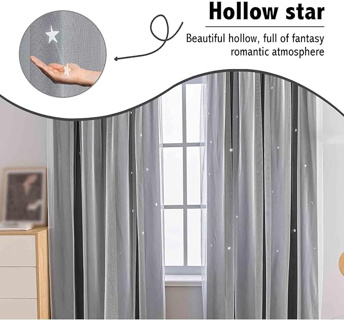 Anytime Romantic Kids Curtain, Hollow-Out Stars Window Curtain Double Layer - Image 6