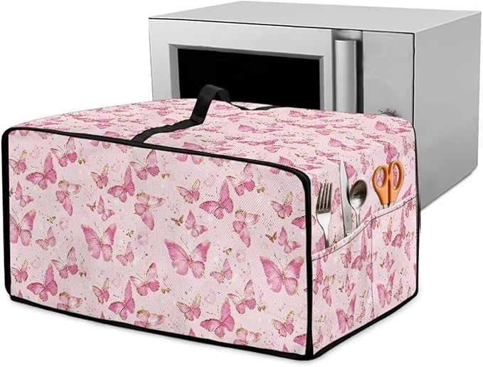 Pink Butterfly Print Microwave Oven Dust Cover Polyester-Linen Fabric Dust Cover by HwzdsyxlCreativeHomeDecor