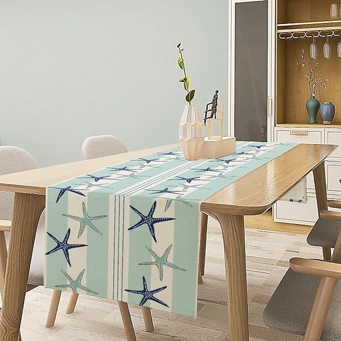 Blue Nautical Starfish Table Runner, Coastal Stripe Dark Blue Table Runner - Image 7