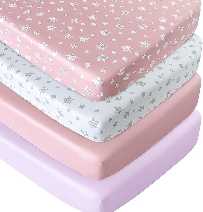 Crib Sheets for Girls 4 Pack, Fitted Crib Sheets for Standard Size Crib and by Moonsea