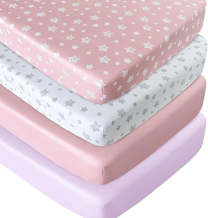 Crib Sheets for Girls 4 Pack, Fitted Crib Sheets for Standard Size Crib and by Moonsea