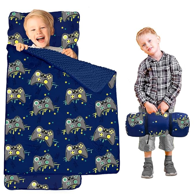 Toddler Nap Mat with Pillow and Minky Blanket, Large 55"x35" Sleeping Bag by Beavtaens
