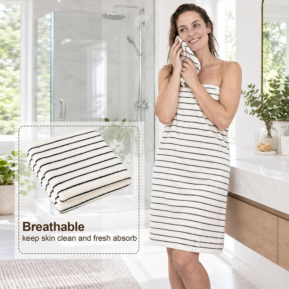 Striped Bath Towels Set of 2 Cotton Classic Black and Ivory Stripe Towels
