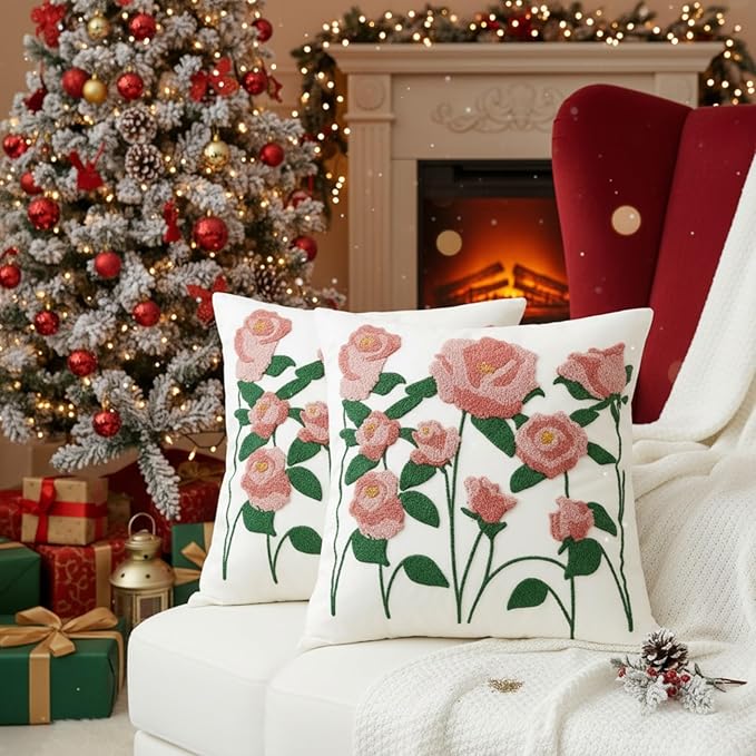 18x18 Embroidered Throw Pillow Covers Set – Pink Rose Cotton Decorative Cushion - Image 8