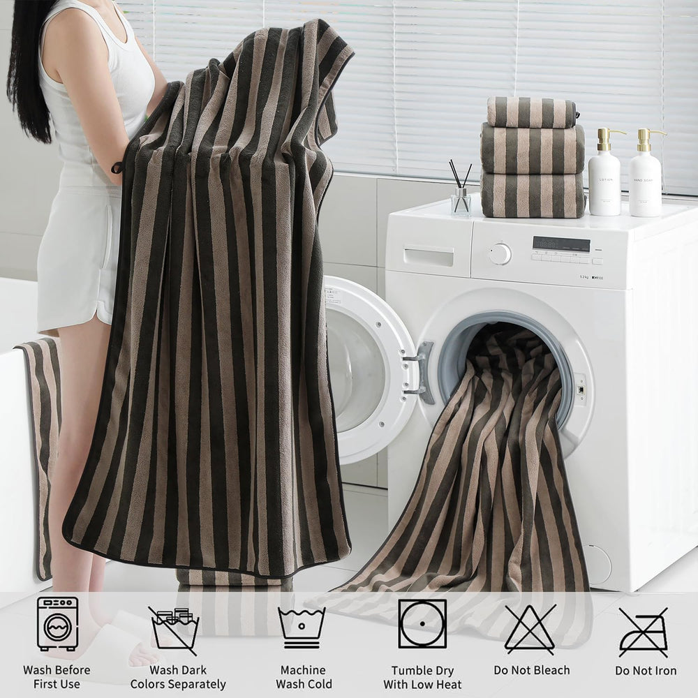 18 Pcs Brown Cabana Stripe Bath Towel Set with Hanging Loop-6 Bath Towels,6 H...