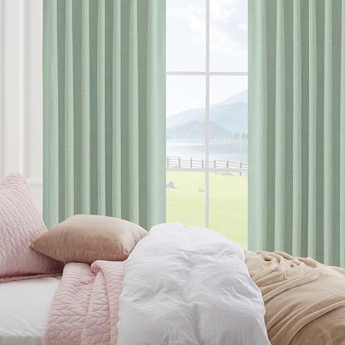 CUCRAF Custom Linen 100% Total Blackout Curtains, Sage Green Back Tab and Rod - Image 7