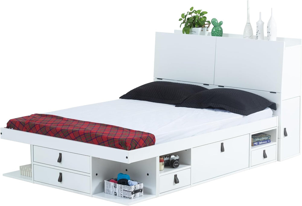 memomad Bali Chest Set: Bed + Storage Headboard, Queen Size, Matte White