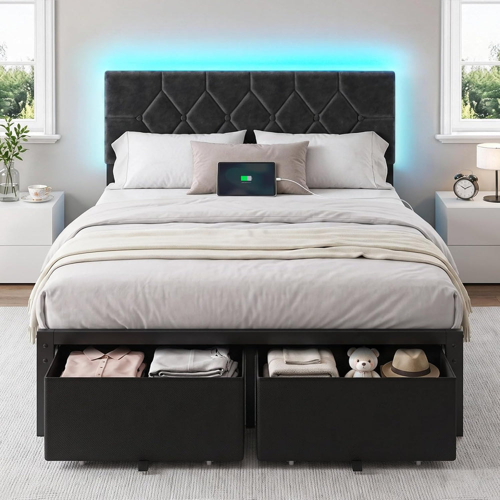Full Size Bed Frame with 2 Storage Drawers & Upholstered Headboard