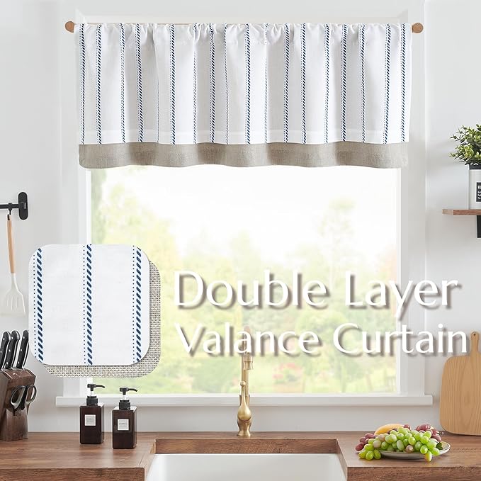jinchan Nautical Valance Striped Linen Curtain 16 Inch Farmhouse Room Darkening - Image 2