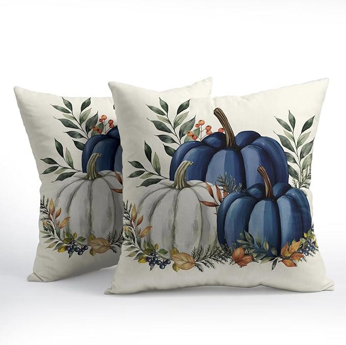 Pumpkins Throw Pillow Covers 16x16 inch 2 Packs Fall Blue and White Pumpkin - Image 2