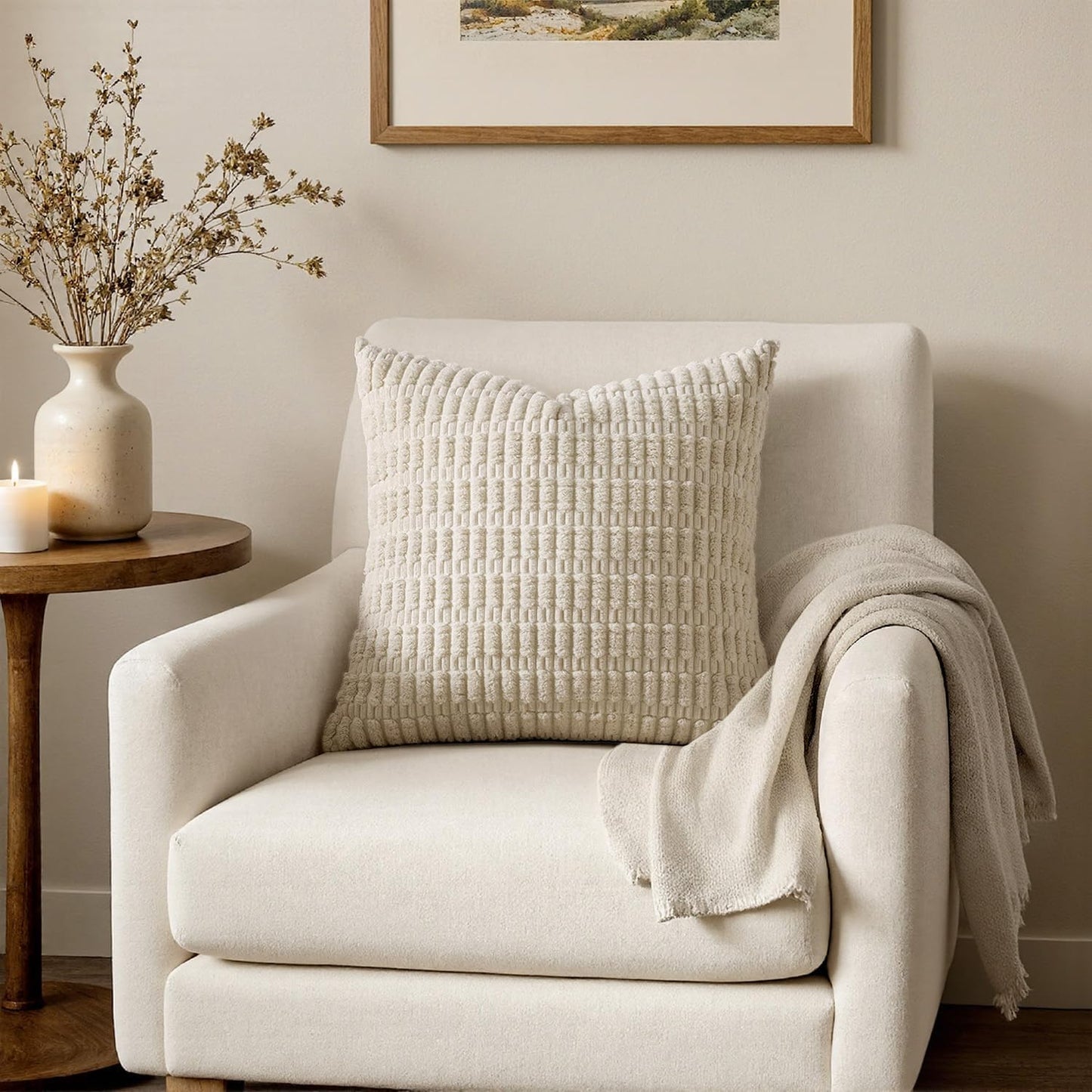 MIULEE Pack of 2 Corduroy Decorative Throw Pillow Covers 18x18 Inch Soft Boho Striped Pillow Covers Modern Farmhouse Home Decor for Sofa Living Room Couch Bed Cream White