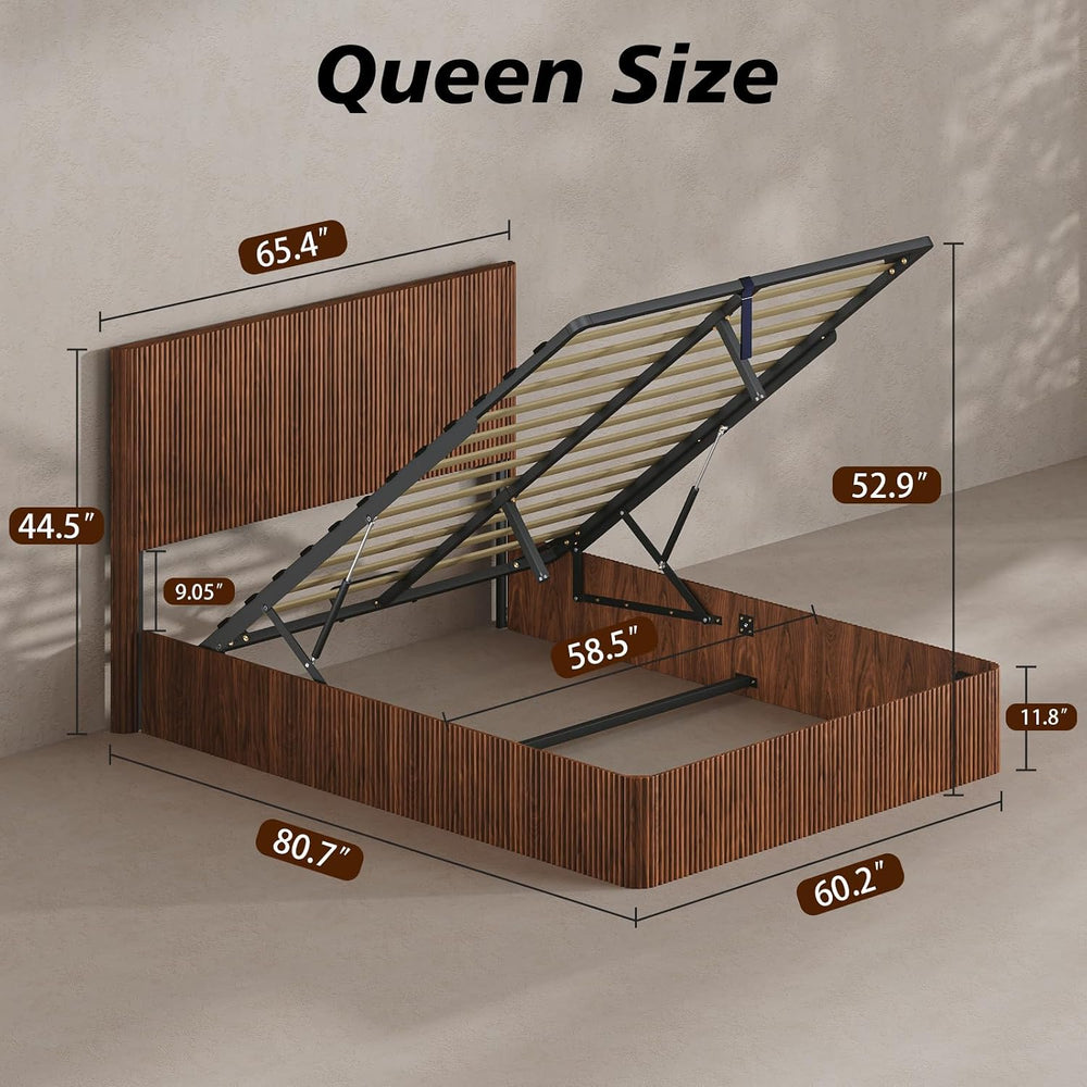VMU Fluted Queen Size Platform Bed Frame with Lift up Storage