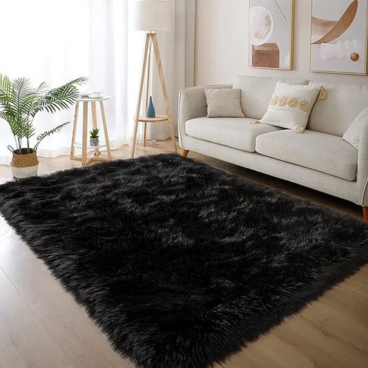 Latepis Black Rug for Living Room Faux Fur 5x6.7 Fluffy Rug Washable Sheepskin by Latepis