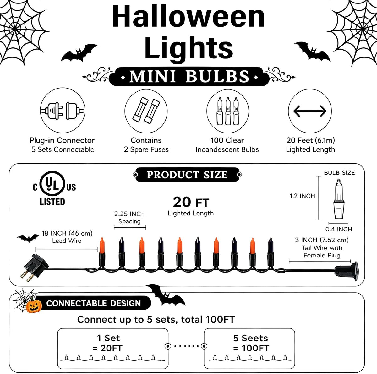 TW SHINE Purple and Orange Halloween Lights, 2 Pack 20FT 100 Count Incandescent Mini String Lights, Waterproof Halloween Decorations for Outdoor Indoor Patio Home Party Garden Yard Decor