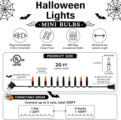 TW SHINE Purple and Orange Halloween Lights, 2 Pack 20FT 100 Count Incandescent Mini String Lights, Waterproof Halloween Decorations for Outdoor Indoor Patio Home Party Garden Yard Decor