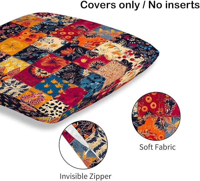 Printed Patchwork Inspired Throw Pillow Covers 18x18 Set of 2 | Floral Quilt - Image 6
