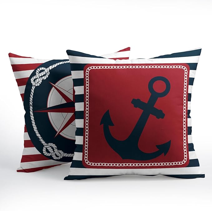 Anchor Compass Throw Pillow Cases Outdoor Nautical Pillow Covers Blue and White - Image 2