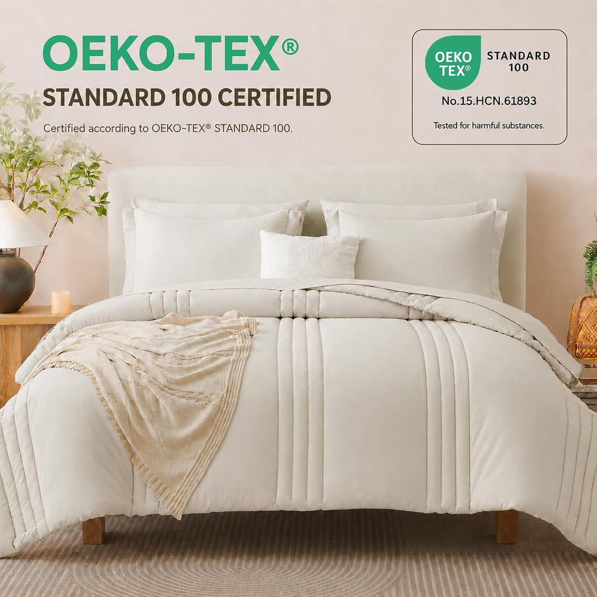 cozylux queen comforter set beige - 7 pieces on a desk or shelf